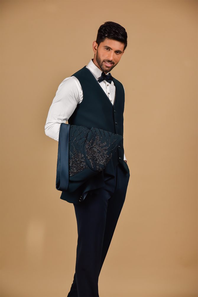 Elegant Peacock Blue Sequin Embellished 3 Piece Partywear Suit