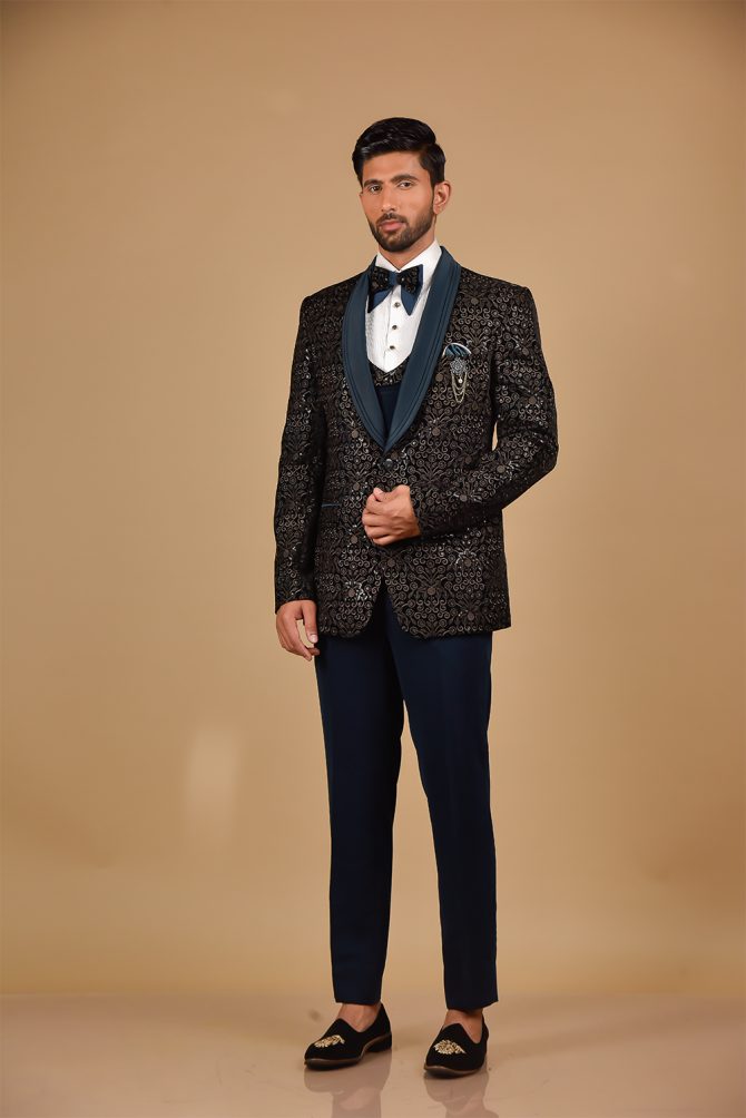 Black & Teal Blue Sequin Thread Embroidered 3 Piece Partywear Suit