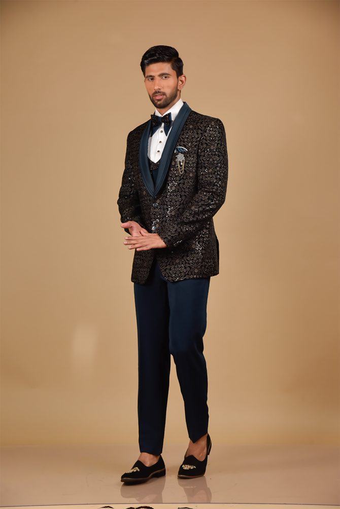 Black & Teal Blue Sequin Thread Embroidered 3 Piece Partywear Suit