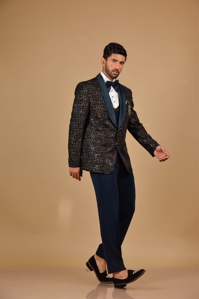 Black & Teal Blue Sequin Thread Embroidered 3 Piece Partywear Suit