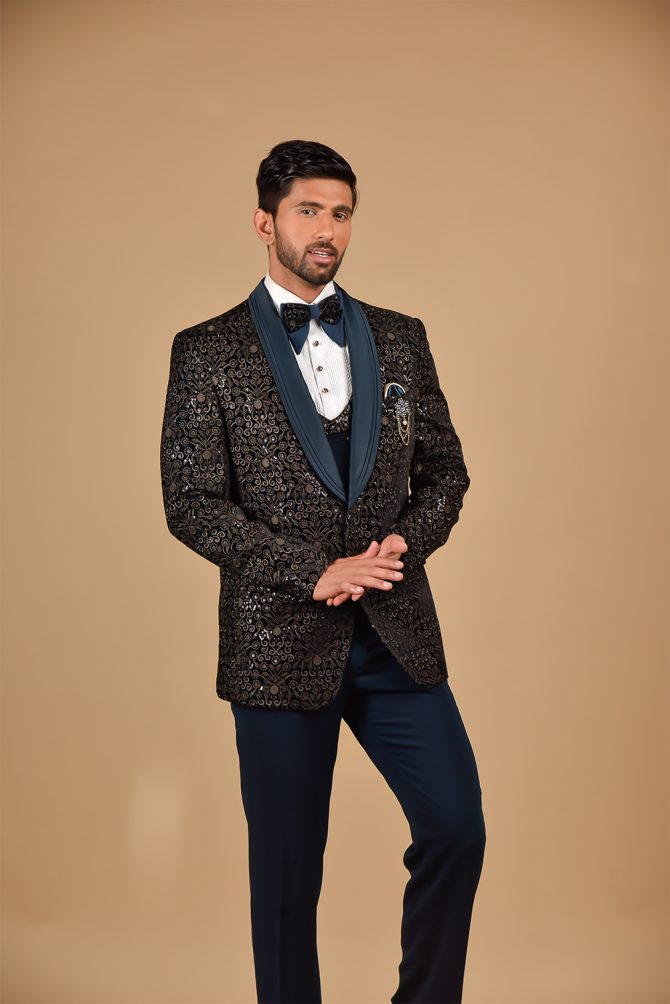 Black & Teal Blue Sequin Thread Embroidered 3 Piece Partywear Suit
