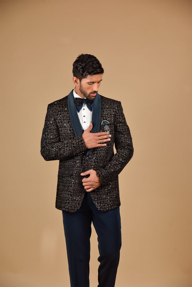 Black & Teal Blue Sequin Thread Embroidered 3 Piece Partywear Suit