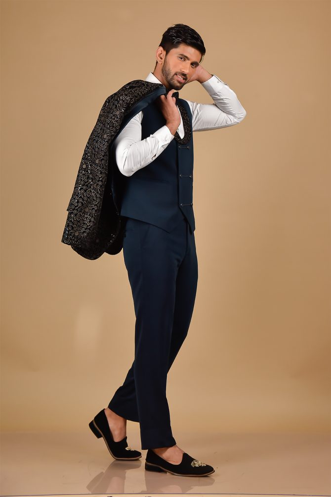 Black & Teal Blue Sequin Thread Embroidered 3 Piece Partywear Suit