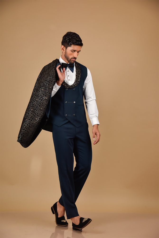 Black & Teal Blue Sequin Thread Embroidered 3 Piece Partywear Suit