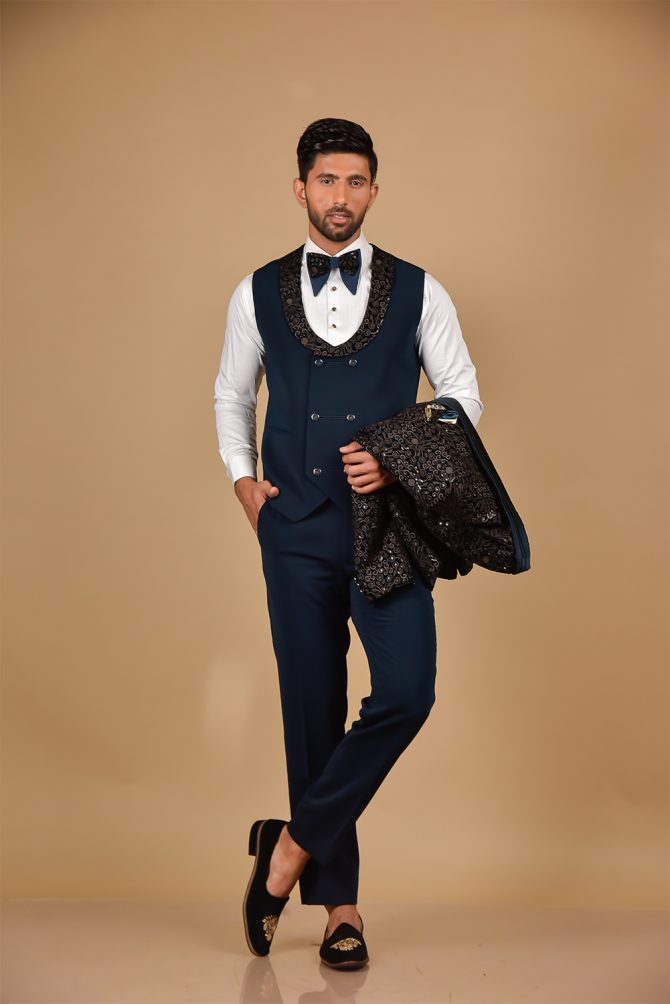 Black & Teal Blue Sequin Thread Embroidered 3 Piece Partywear Suit