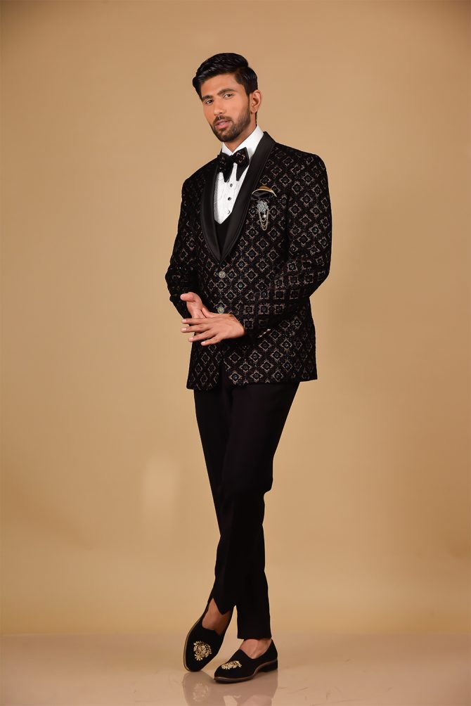 Luxury Black Rich With Golden Embroidered 3 Piece Partywear Suit