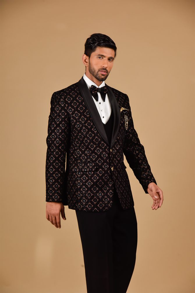 Luxury Black Rich With Golden Embroidered 3 Piece Partywear Suit