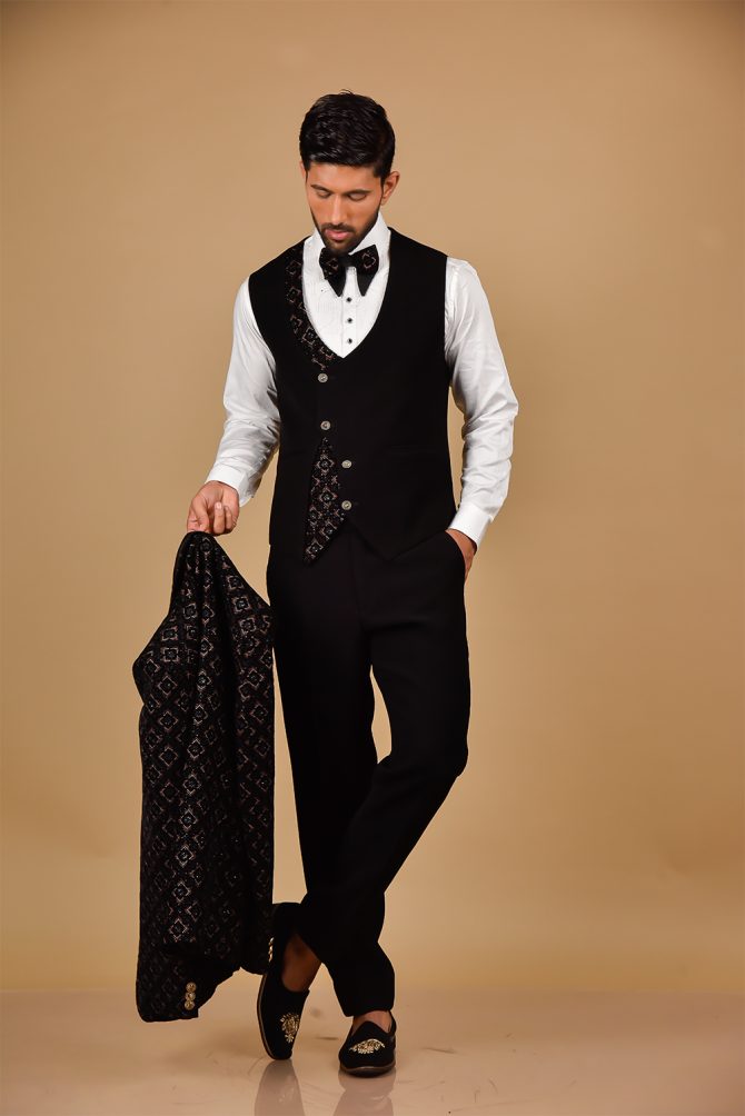 Luxury Black Rich With Golden Embroidered 3 Piece Partywear Suit