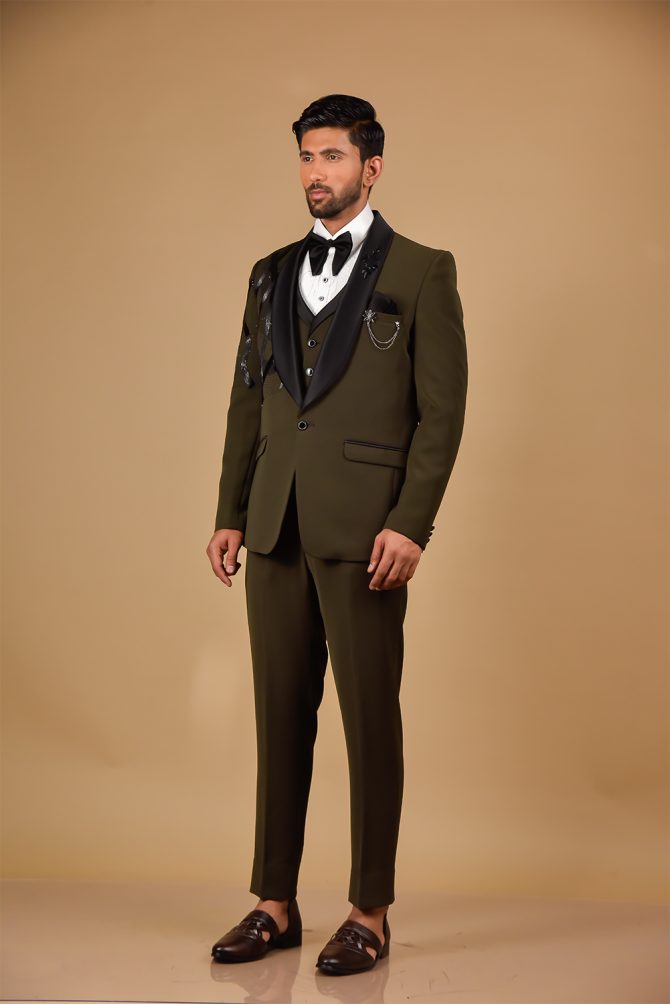 Olive Black Embroidered 3 Piece Partywear Suit