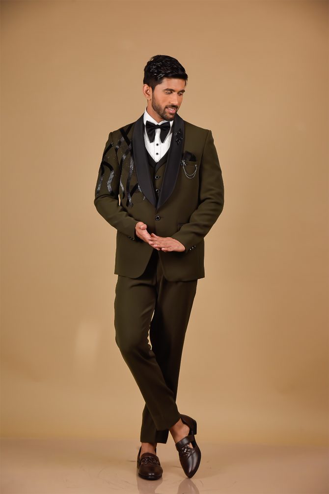 Olive Black Embroidered 3 Piece Partywear Suit