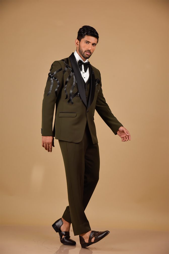 Olive Black Embroidered 3 Piece Partywear Suit