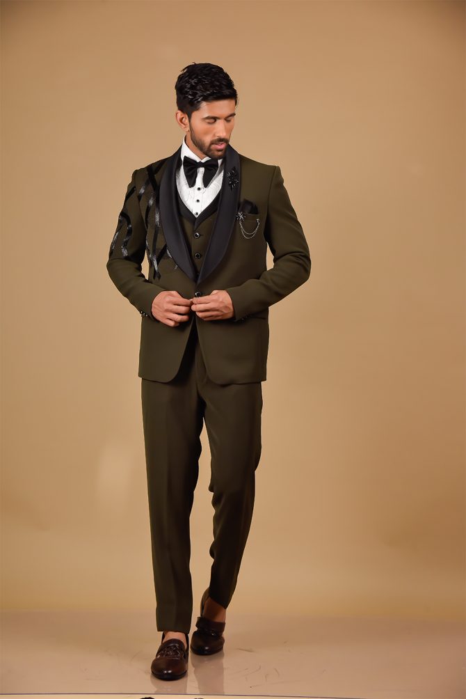 Olive Black Embroidered 3 Piece Partywear Suit