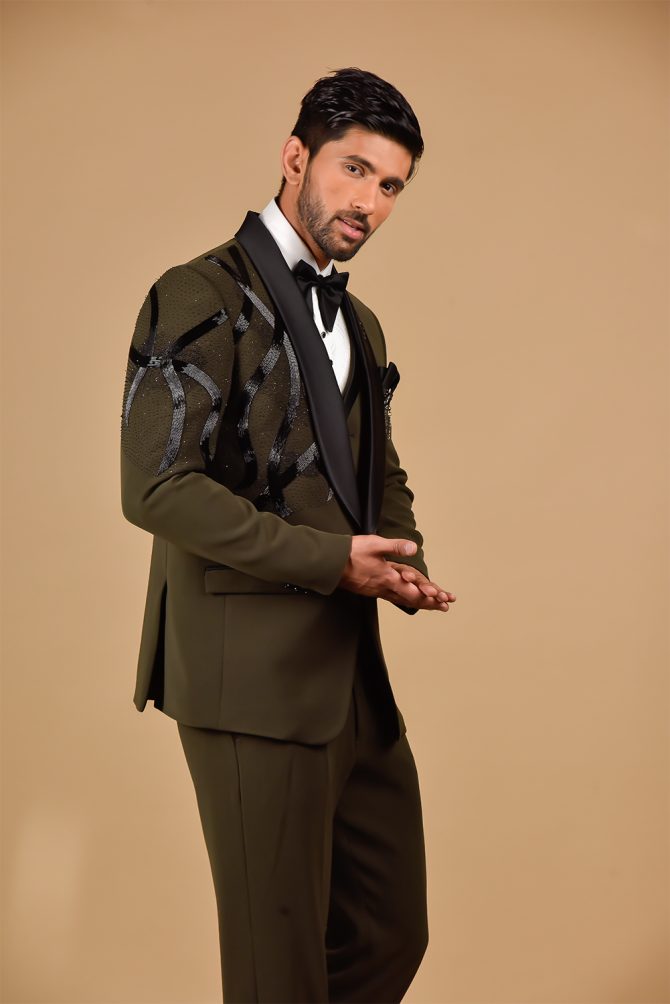 Olive Black Embroidered 3 Piece Partywear Suit