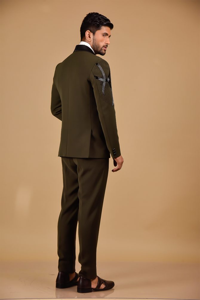 Olive Black Embroidered 3 Piece Partywear Suit