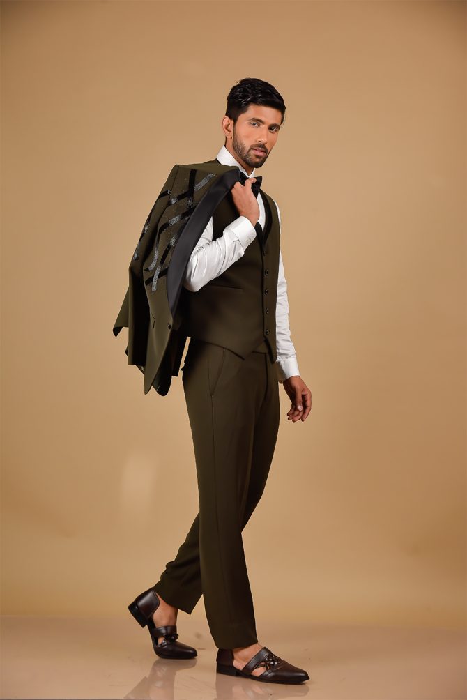 Olive Black Embroidered 3 Piece Partywear Suit
