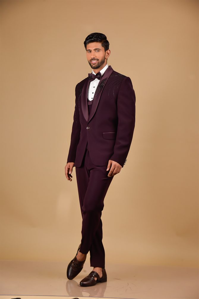 Maroon Designer Embroidered 3 Piece Partywear Suit