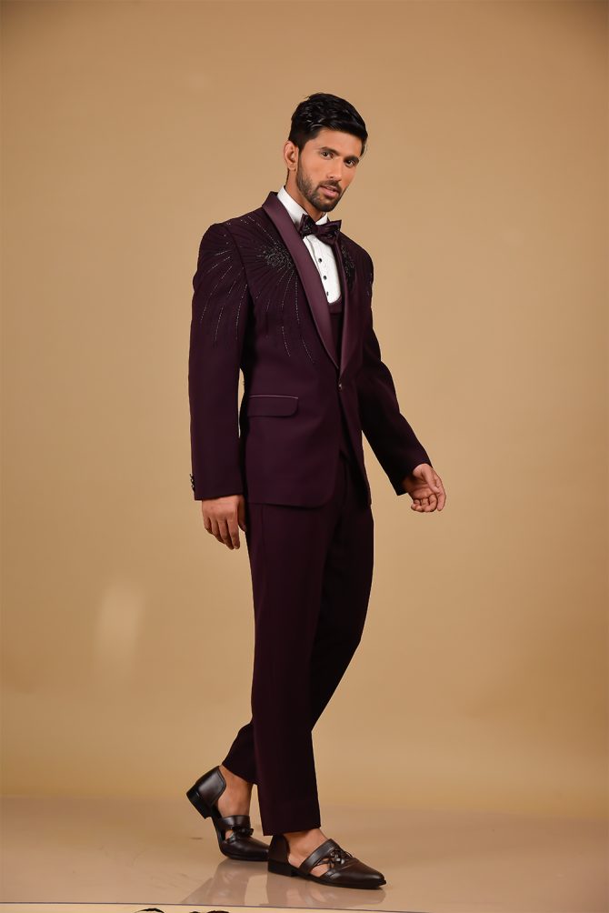 Maroon Designer Embroidered 3 Piece Partywear Suit