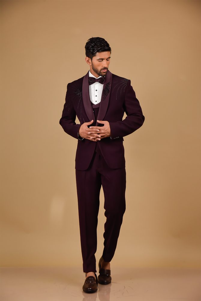 Maroon Designer Embroidered 3 Piece Partywear Suit