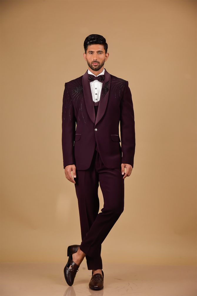 Maroon Designer Embroidered 3 Piece Partywear Suit