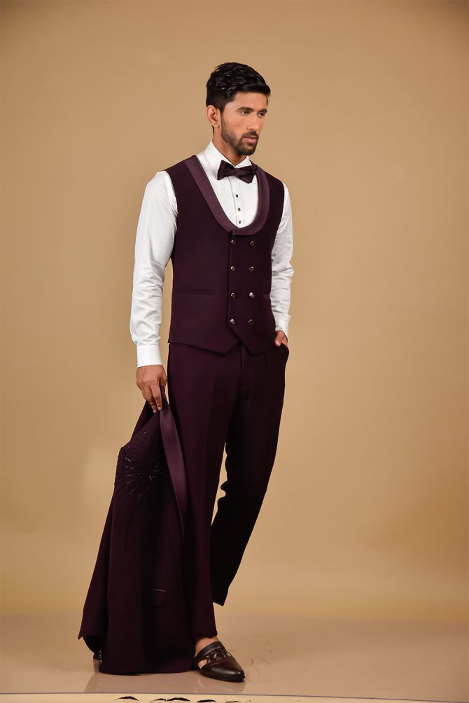 Maroon Designer Embroidered 3 Piece Partywear Suit
