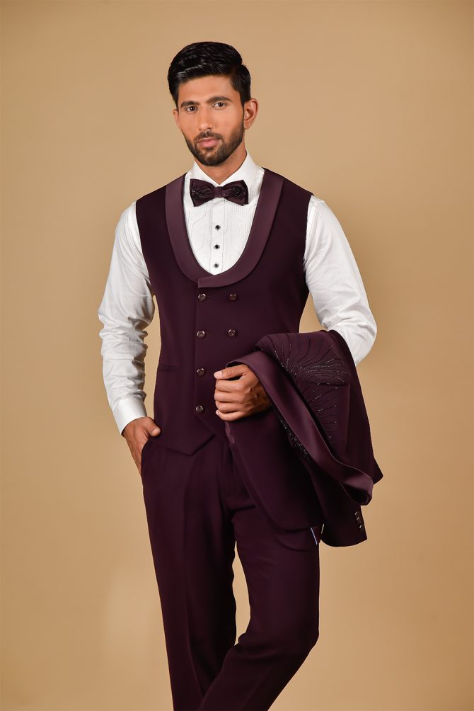 Maroon Designer Embroidered 3 Piece Partywear Suit