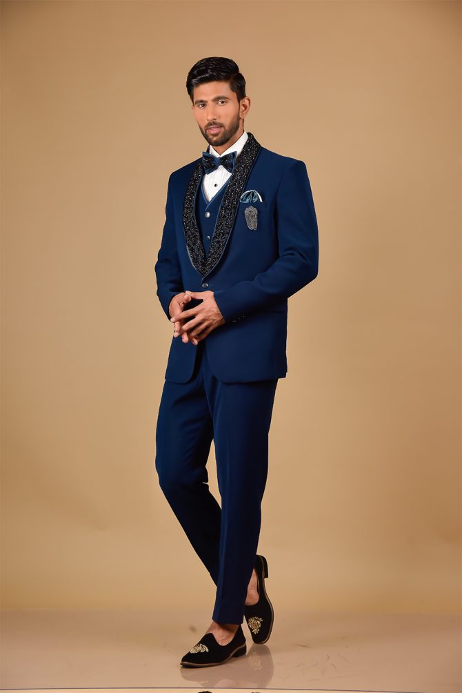Royal Blue Black Embellished 3 Piece Partywear Suit