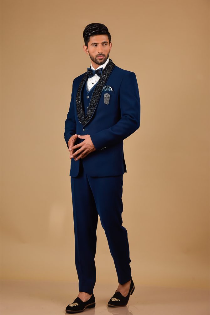 Royal Blue Black Embellished 3 Piece Partywear Suit