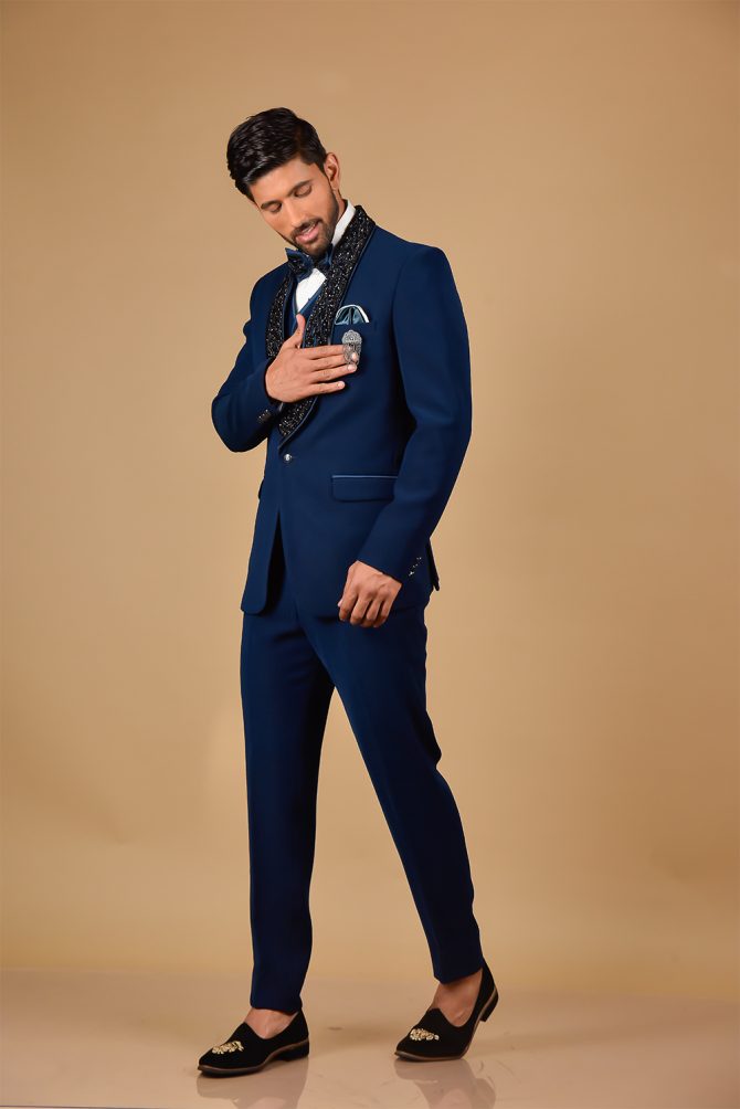 Royal Blue Black Embellished 3 Piece Partywear Suit