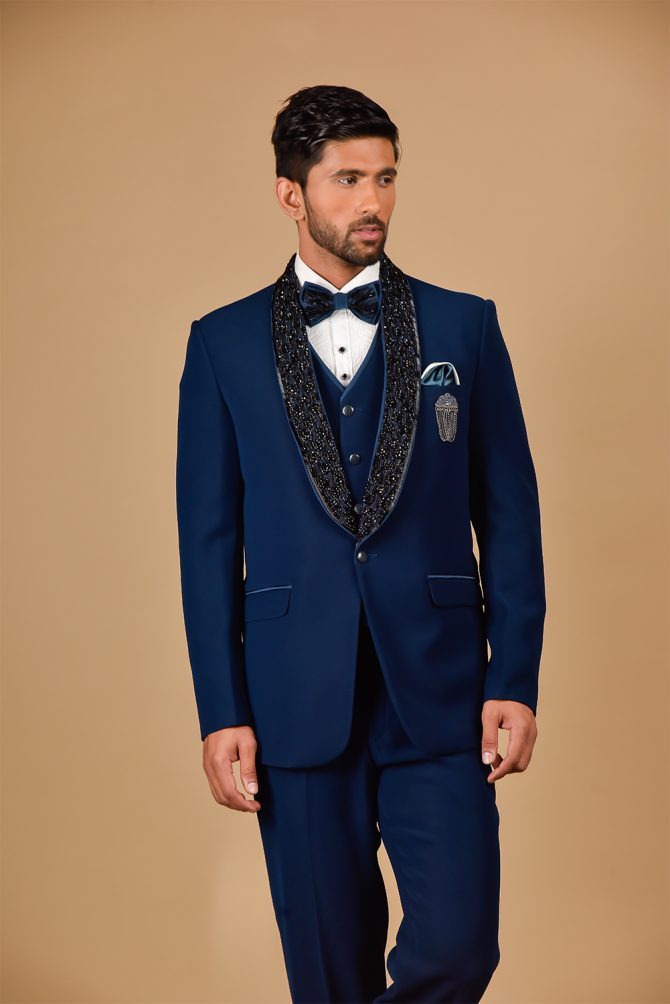 Royal Blue Black Embellished 3 Piece Partywear Suit