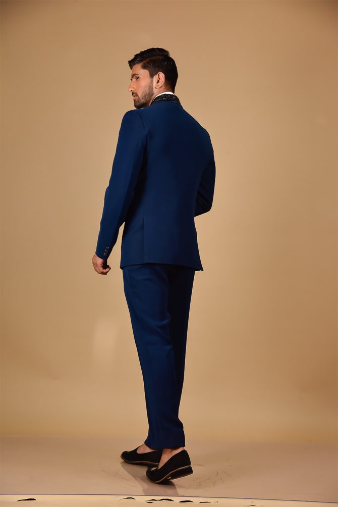 Royal Blue Black Embellished 3 Piece Partywear Suit