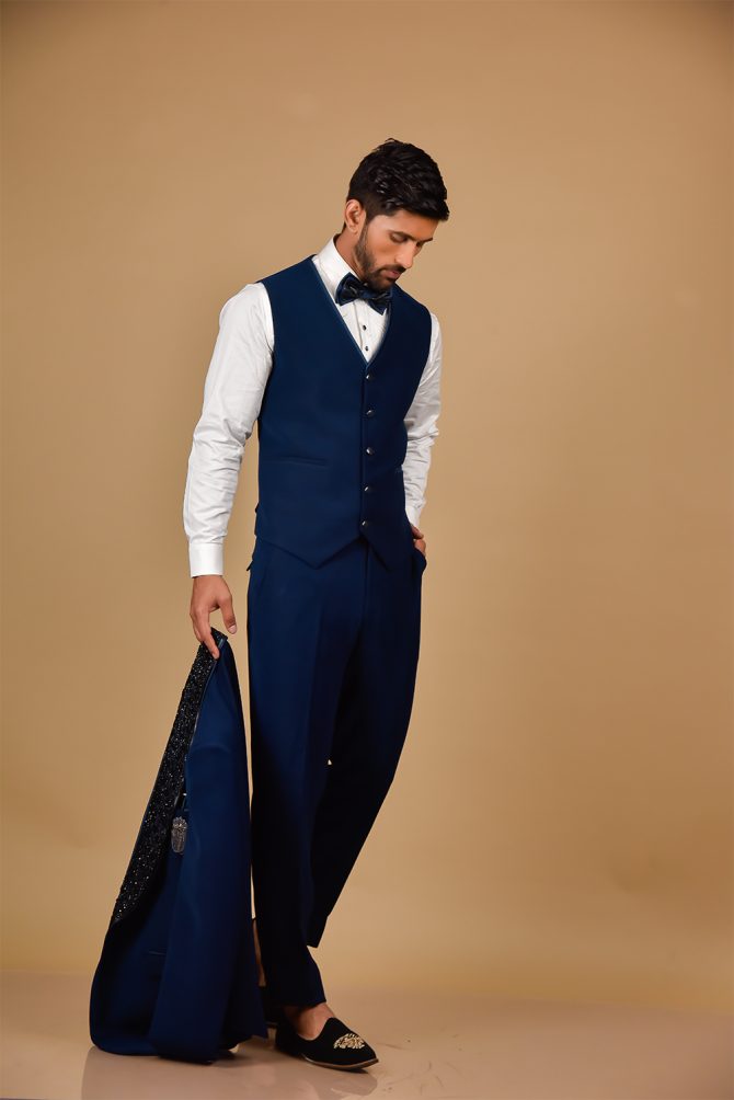 Royal Blue Black Embellished 3 Piece Partywear Suit