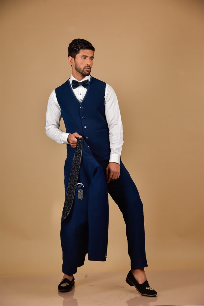 Royal Blue Black Embellished 3 Piece Partywear Suit