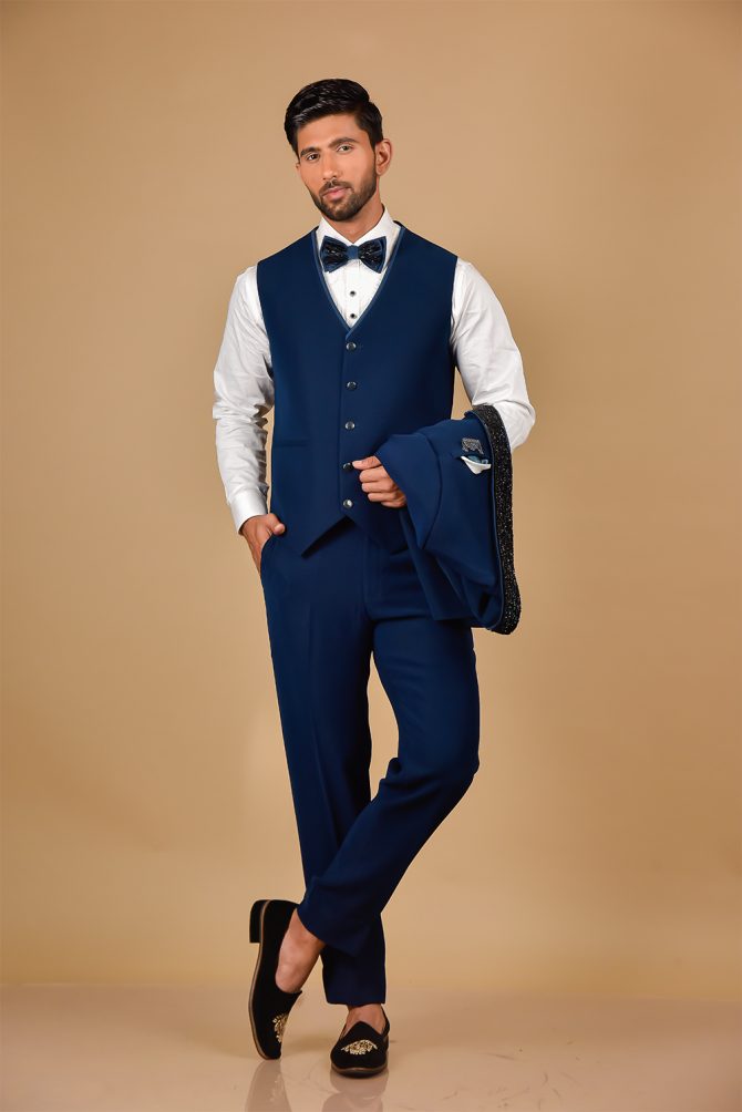 Royal Blue Black Embellished 3 Piece Partywear Suit