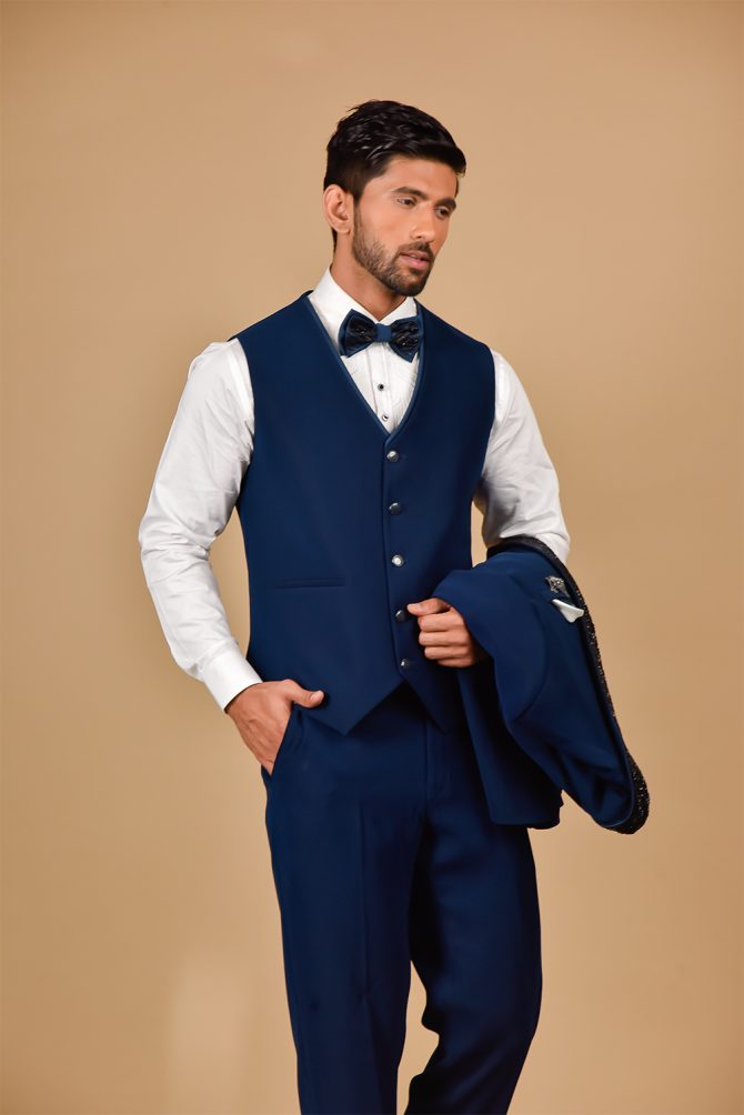 Royal Blue Black Embellished 3 Piece Partywear Suit