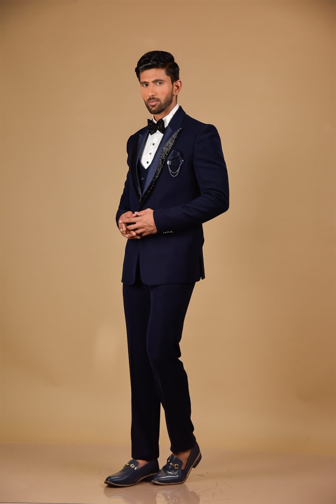 Royal Blue With Black Sequin Work 3 Piece Partywear Suit