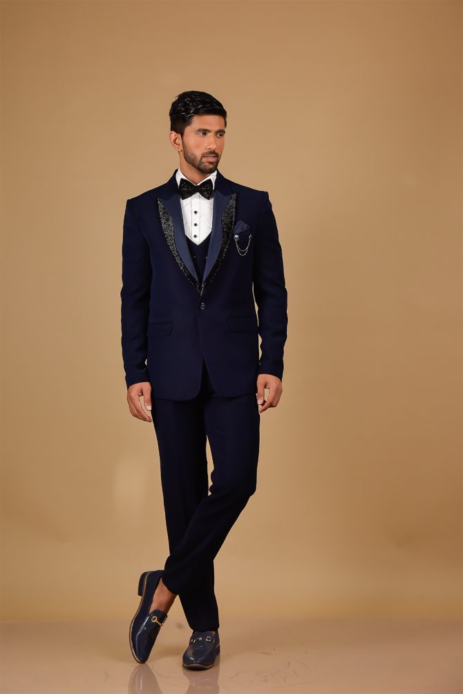 Royal Blue With Black Sequin Work 3 Piece Partywear Suit