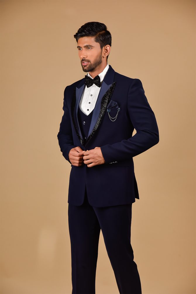 Royal Blue With Black Sequin Work 3 Piece Partywear Suit