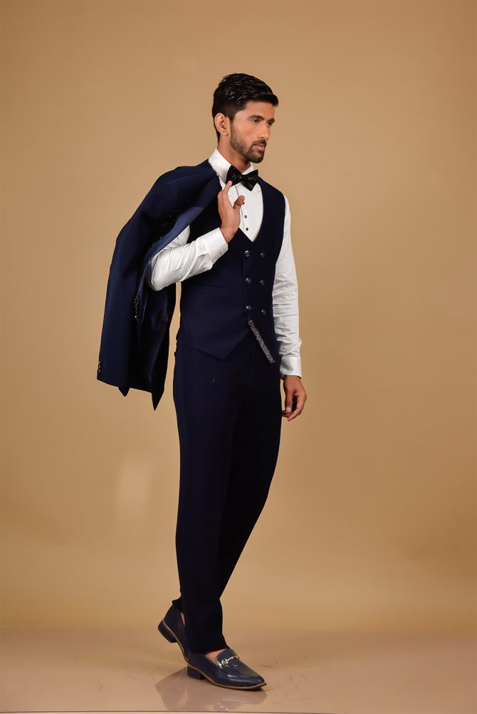 Royal Blue With Black Sequin Work 3 Piece Partywear Suit