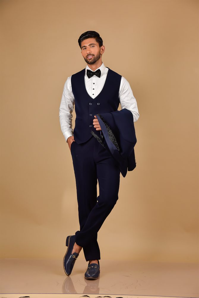 Royal Blue With Black Sequin Work 3 Piece Partywear Suit