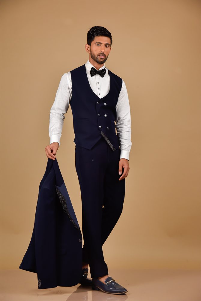 Royal Blue With Black Sequin Work 3 Piece Partywear Suit