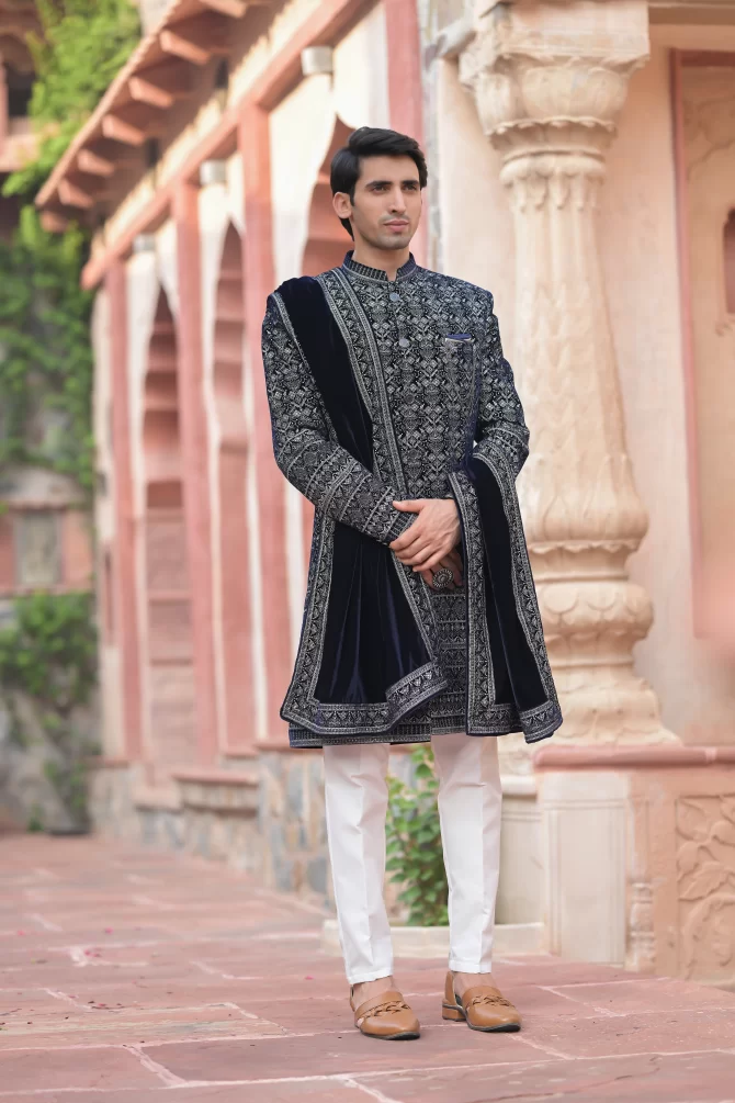 Blue Velvet White Embroidered Ceremonial Indo-Western With Dupatta