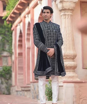 Blue Velvet White Embroidered Ceremonial Indo-Western With Dupatta