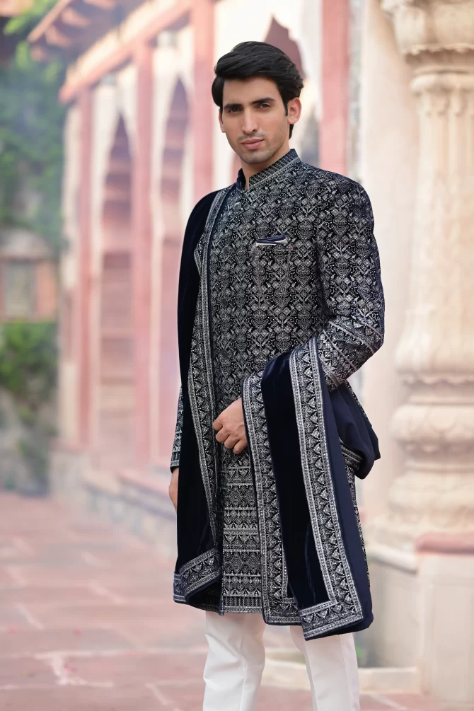 Blue Velvet White Embroidered Ceremonial Indo-Western With Dupatta