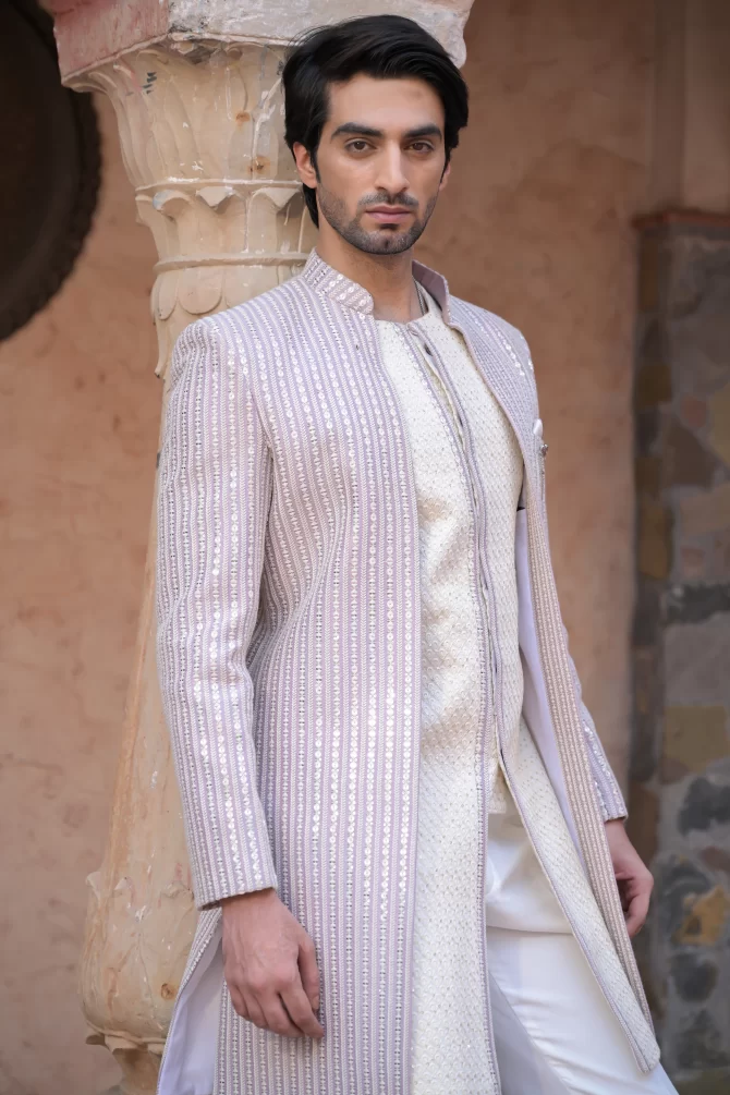Lavender & White Sequined Embroidered Traditional Indo-Western