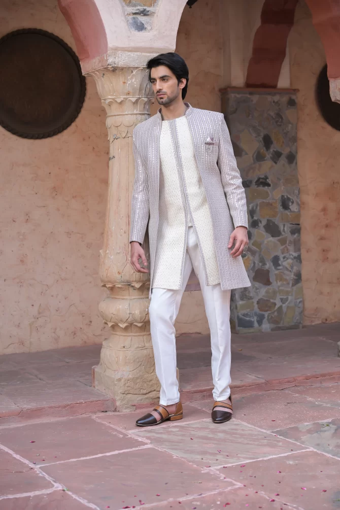 Lavender & White Sequined Embroidered Traditional Indo-Western