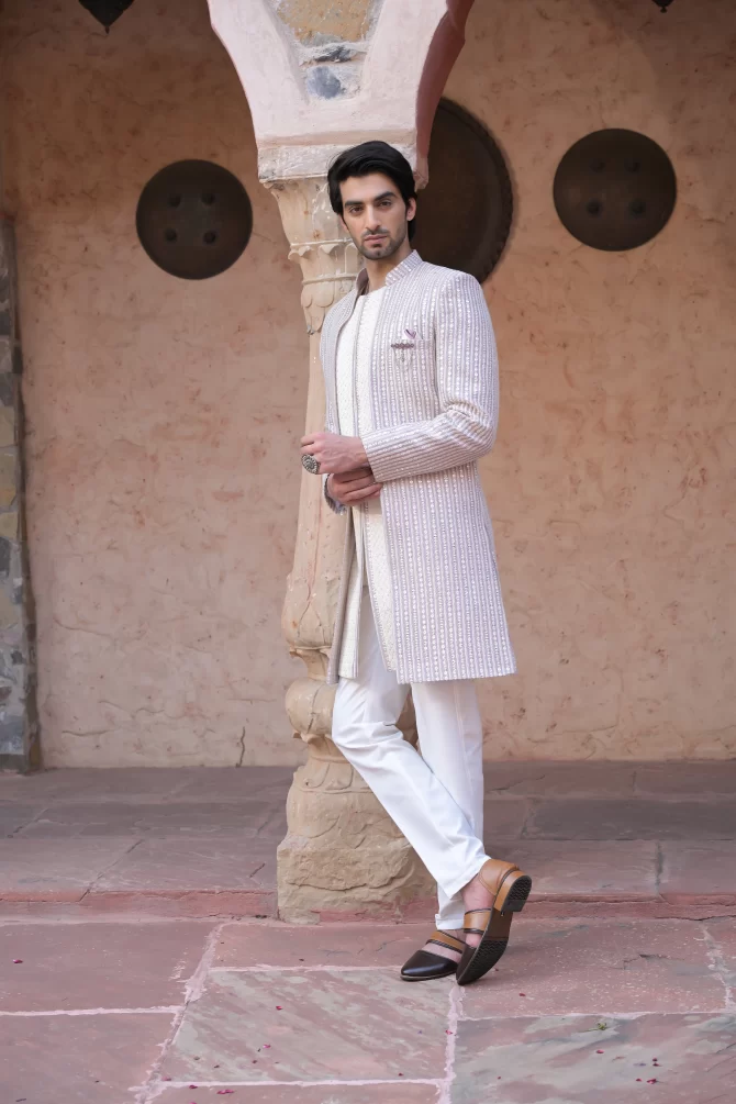 Lavender & White Sequined Embroidered Traditional Indo-Western