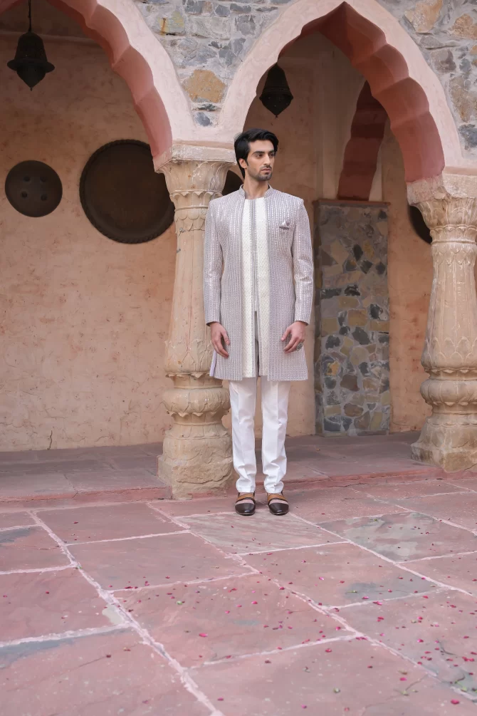Lavender & White Sequined Embroidered Traditional Indo-Western