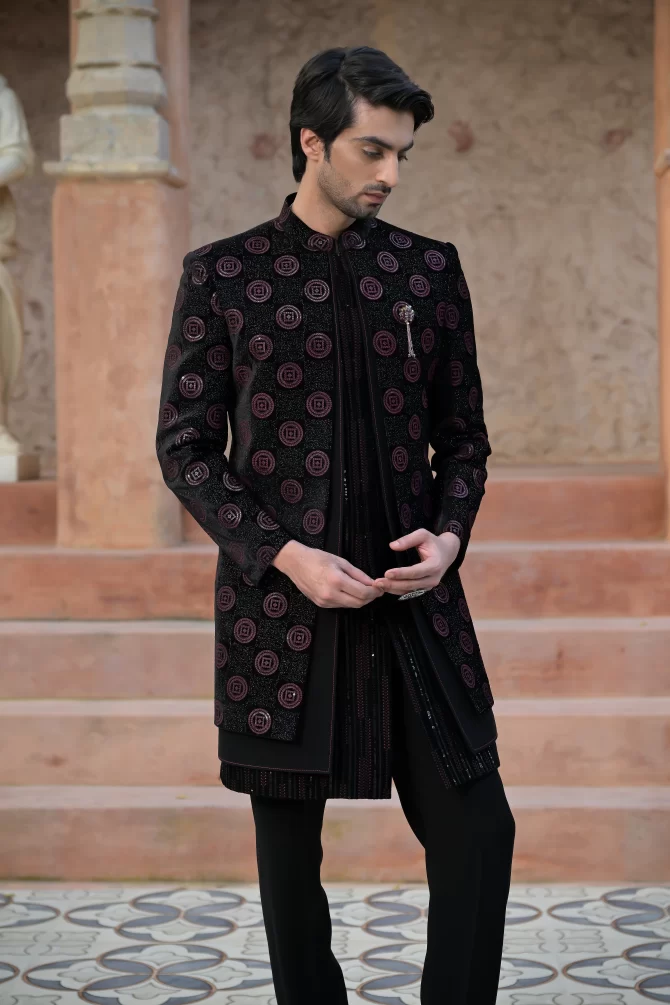 Black & Red Sequined Heavy Embroidery 3 Piece Indo-Western