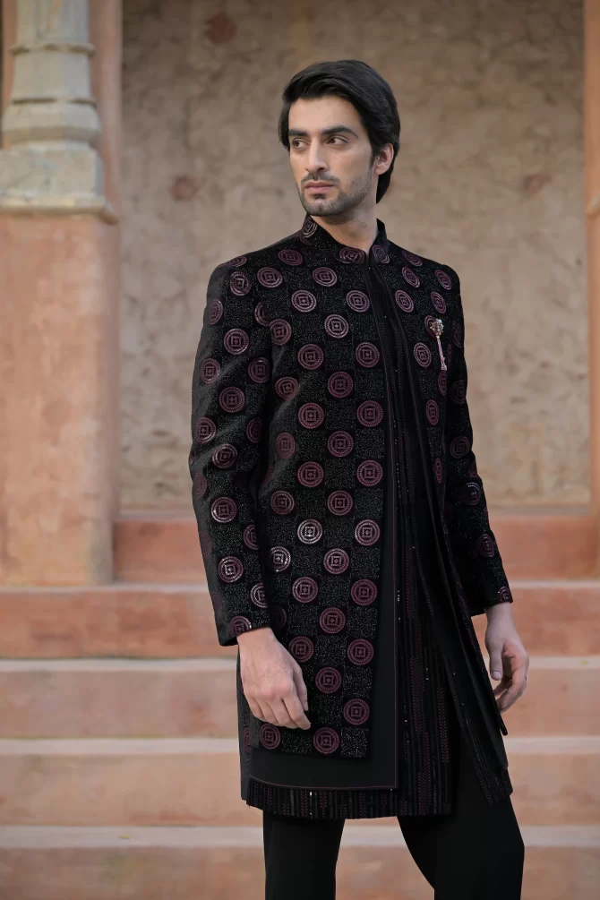 Black & Red Sequined Heavy Embroidery 3 Piece Indo-Western
