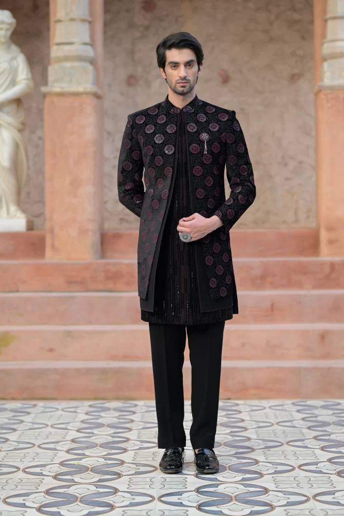 Black & Red Sequined Heavy Embroidery 3 Piece Indo-Western